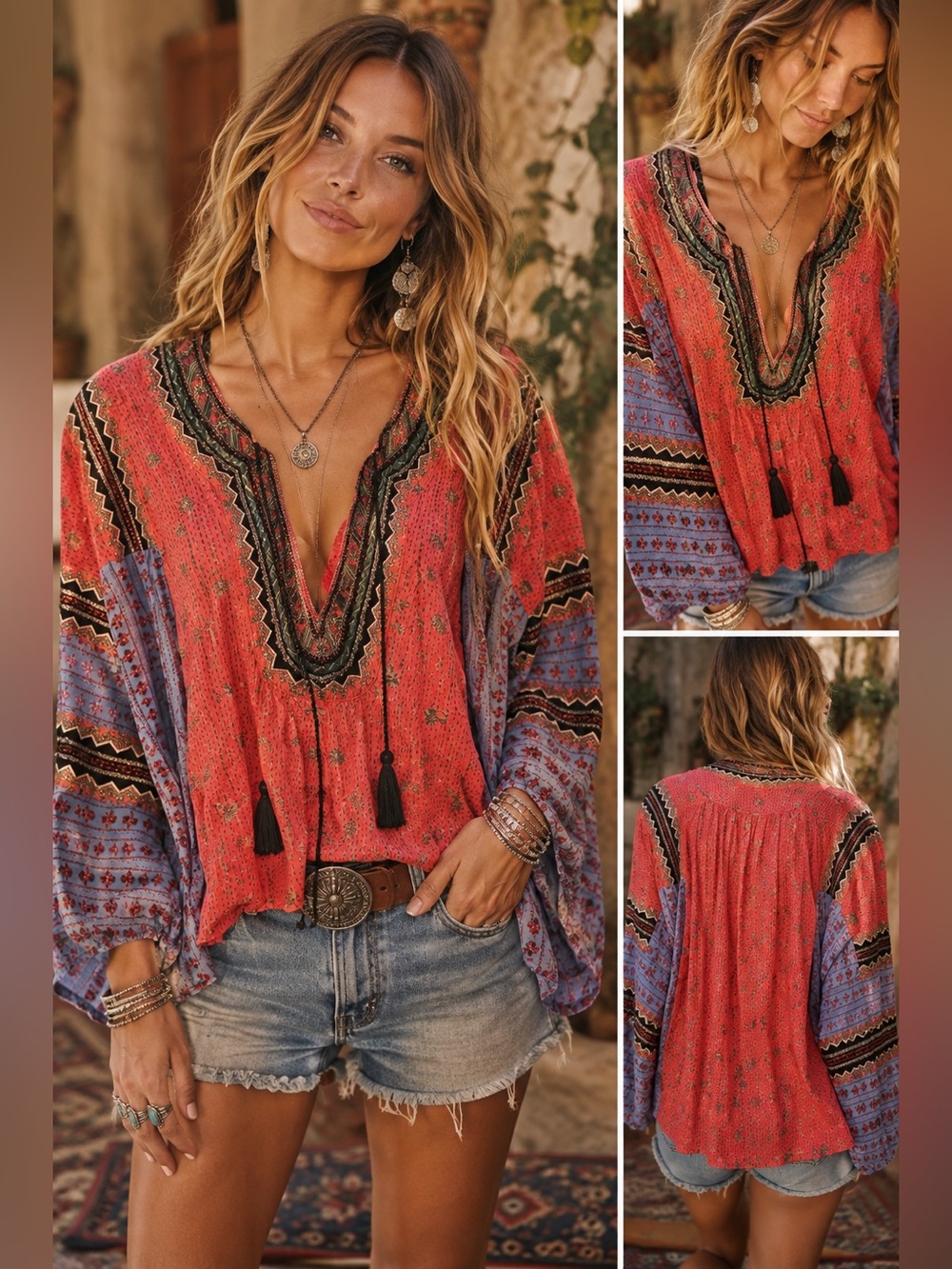 Free People Boho Embroidered Tassel Bell Sleeve Peasant Blouse Small S - Picture 3 of 10